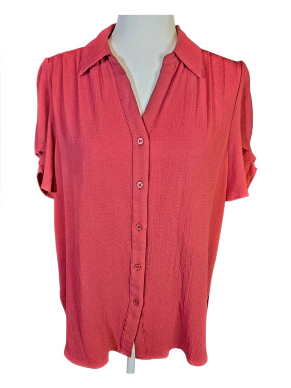 NWT Adrianna Papell Puff  Sleeve Button-Up Crepe Top Rose